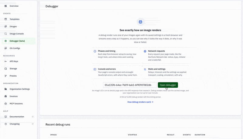 Animated walkthrough of starting and inspecting an image debug render in the dashboard.