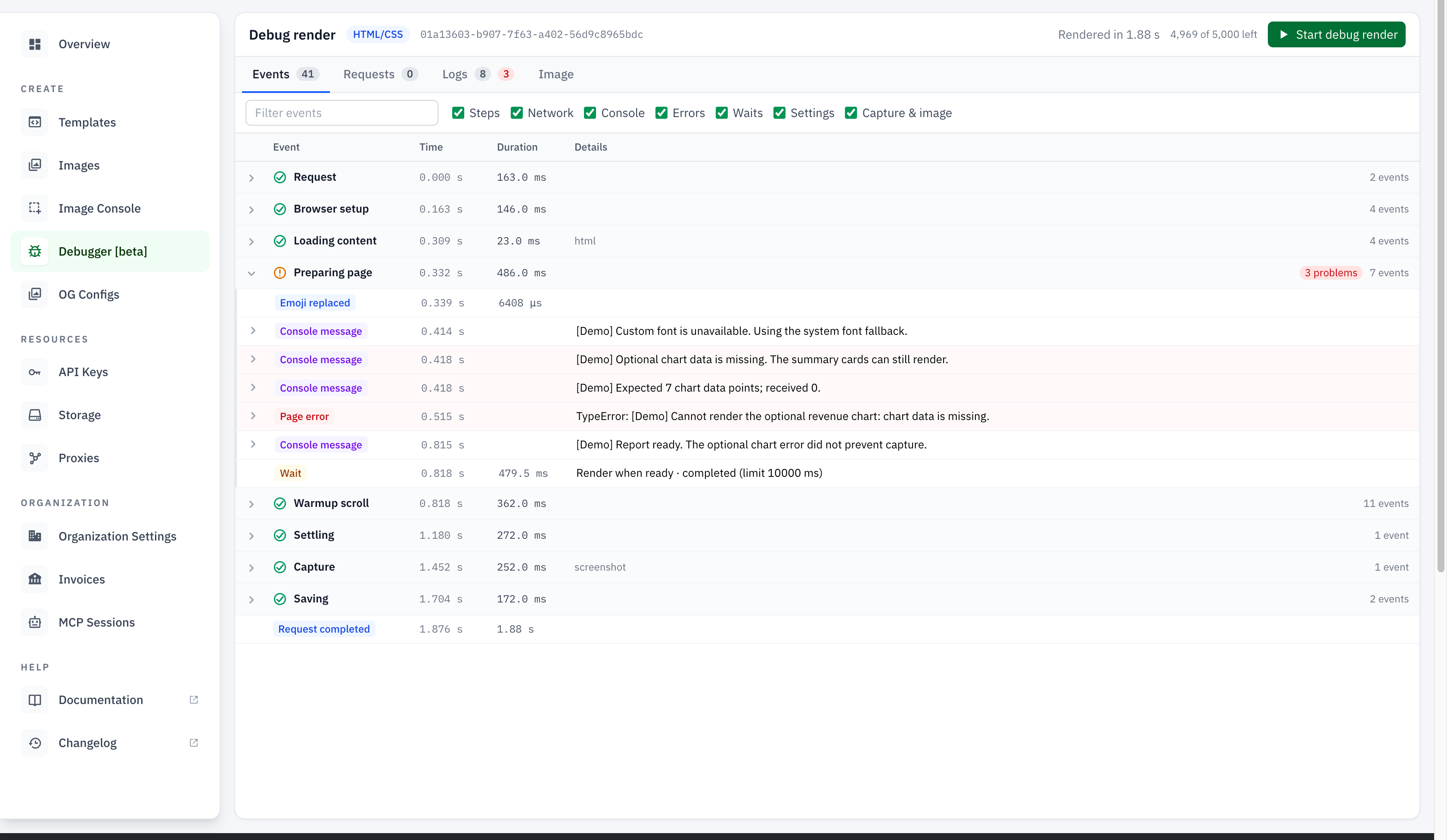 Daily report example in the Events tab: Preparing page shows console messages and a TypeError with three reported problems, followed by a completed render-when-ready wait, capture, saving, and request completion.