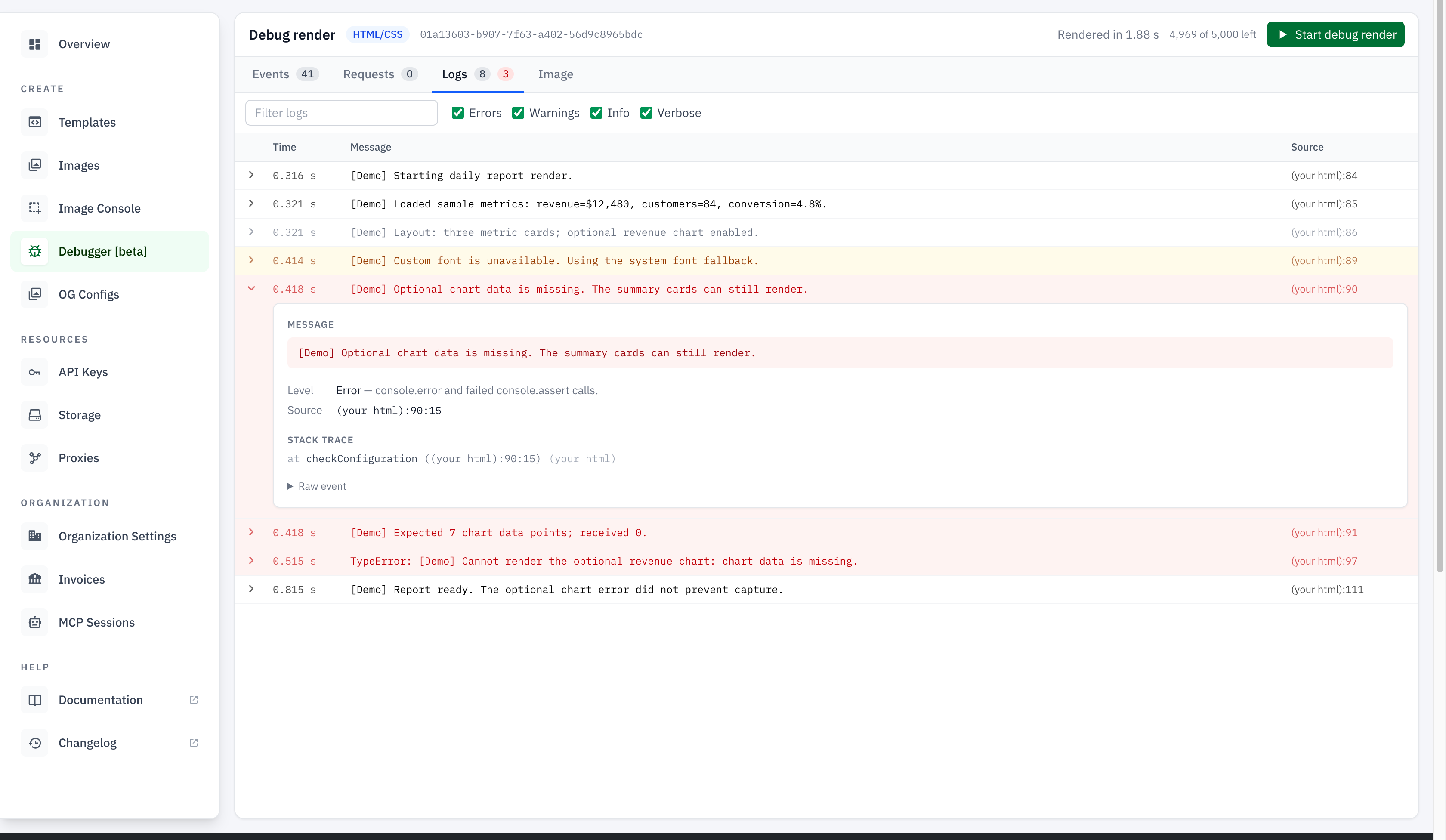 Logs tab showing the daily report's console messages, warning, failed assertion, and uncaught TypeError, with a console error expanded to show its level, source location, and checkConfiguration stack frame.