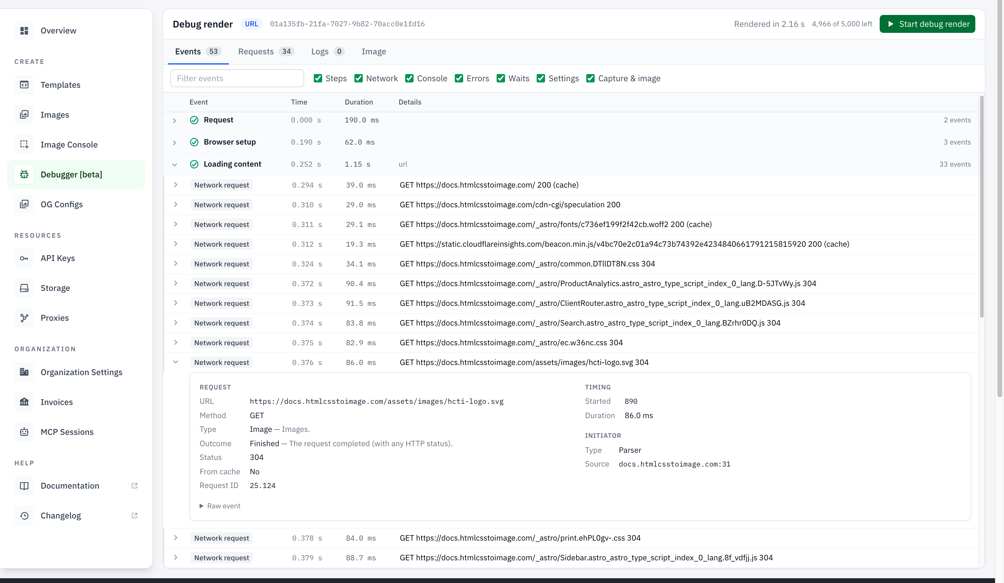 Events tab with the Loading content phase expanded to show network requests, timings, and HTTP statuses.