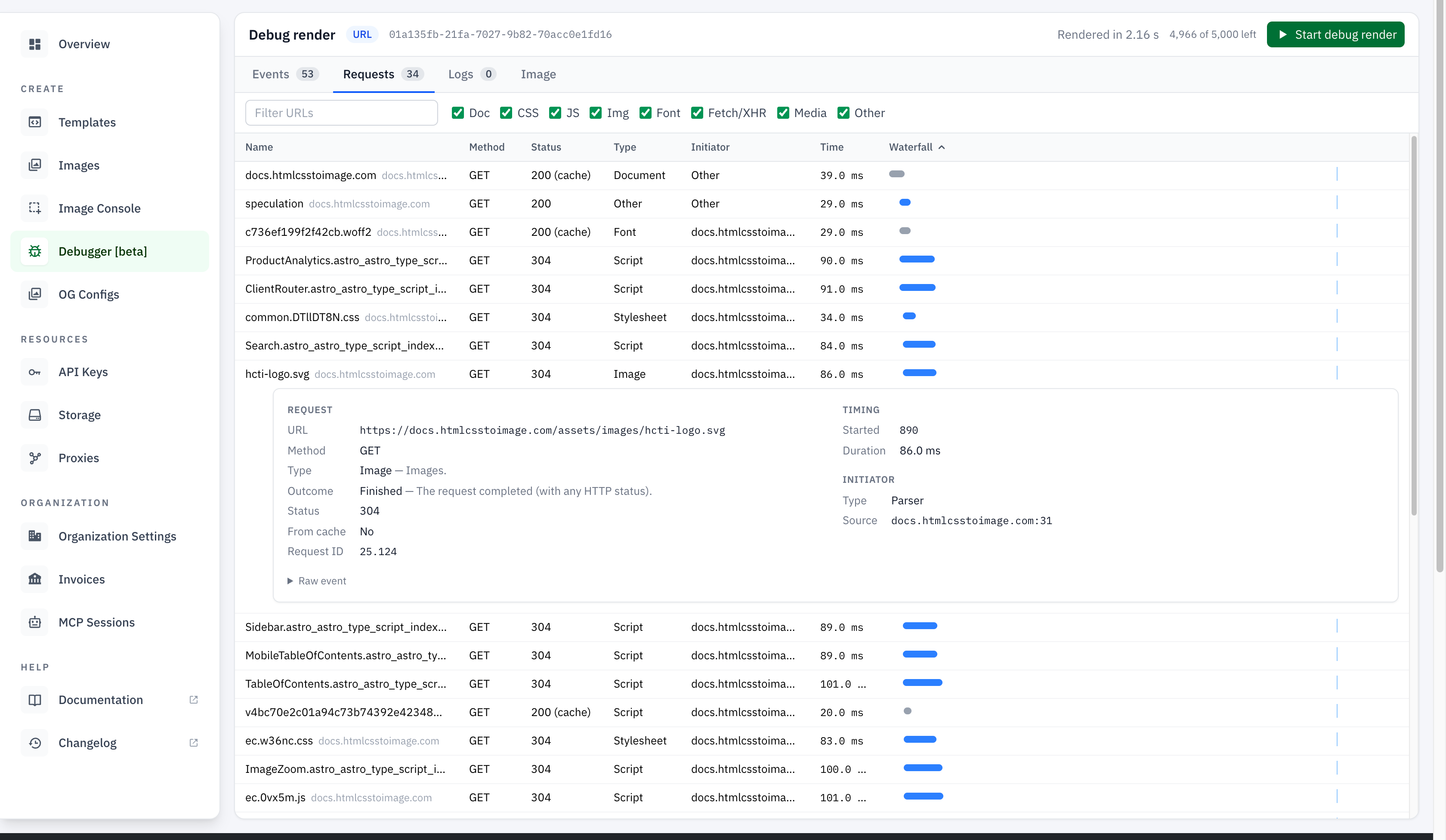 Requests tab showing resource types and a timing waterfall, with an image request expanded to show its URL, HTTP 304 status, timing, and initiator.