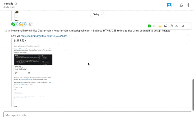 Email screenshot appearing in Slack