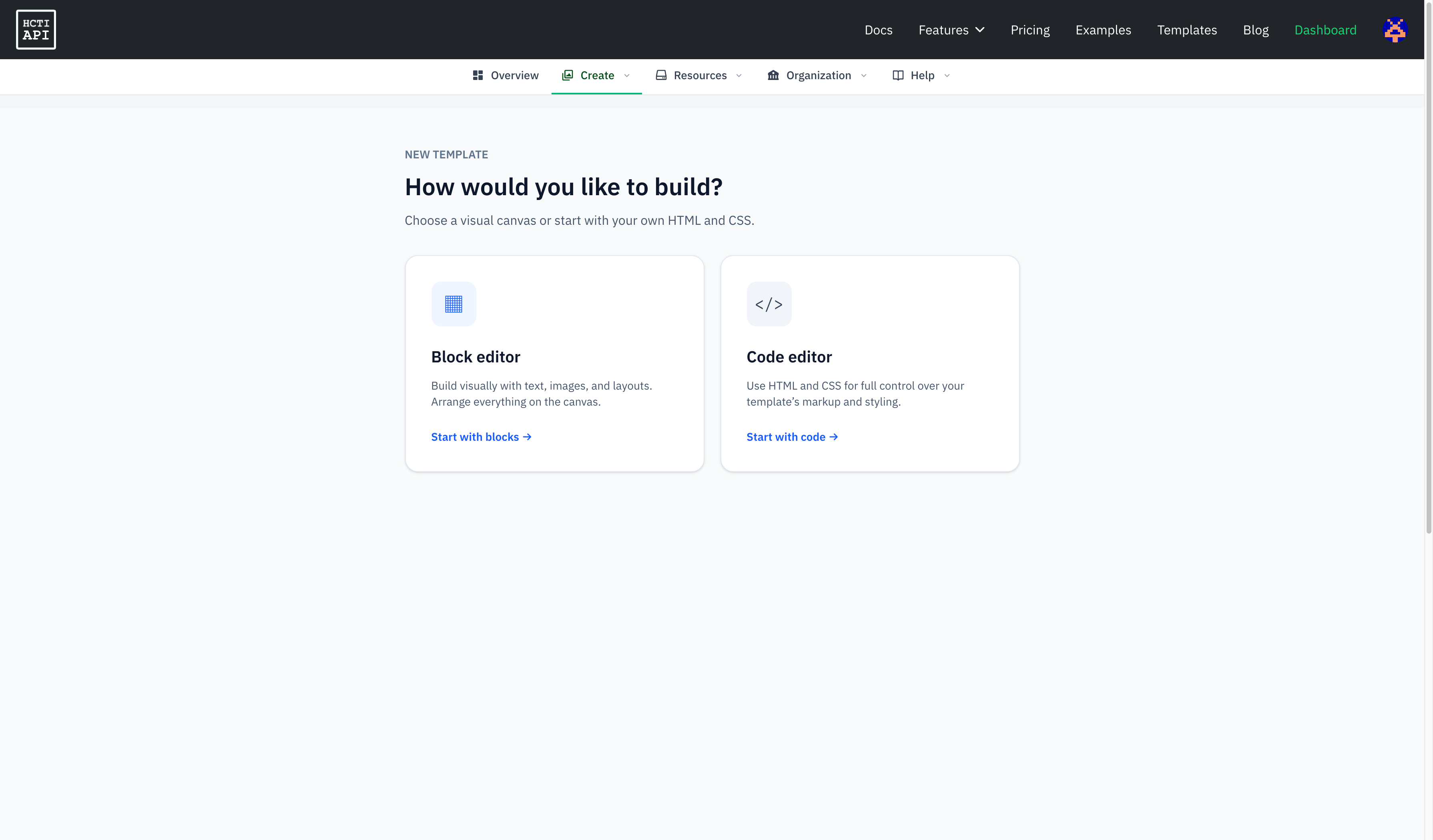 New template screen offering the Block editor and Code editor