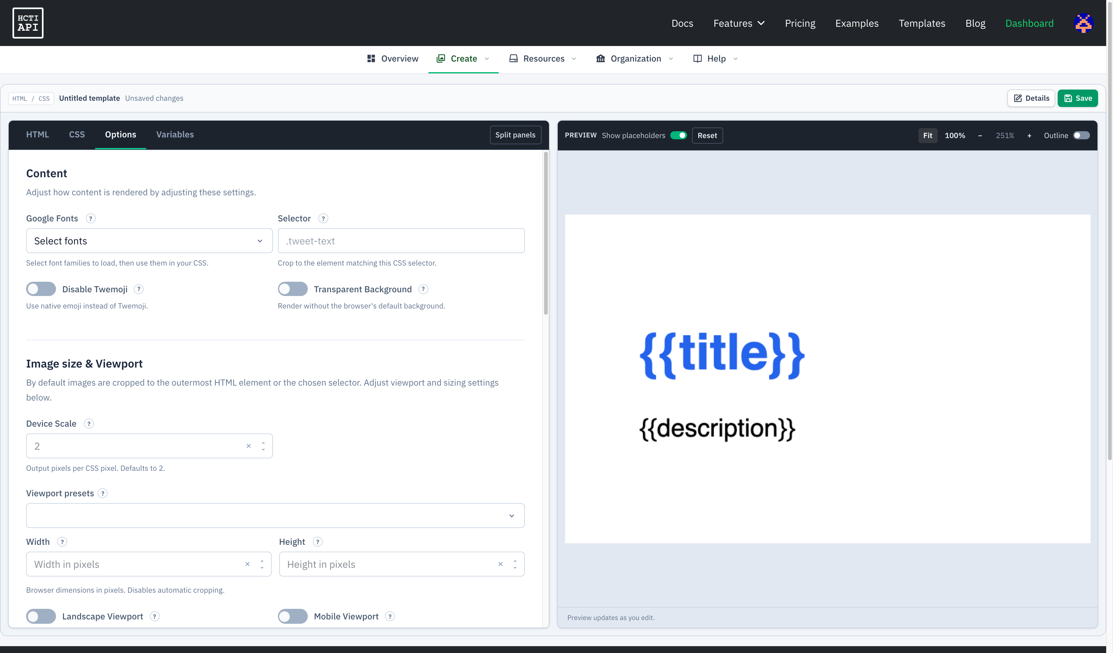 Options tab showing font, selector, background, device scale, and viewport settings alongside the preview