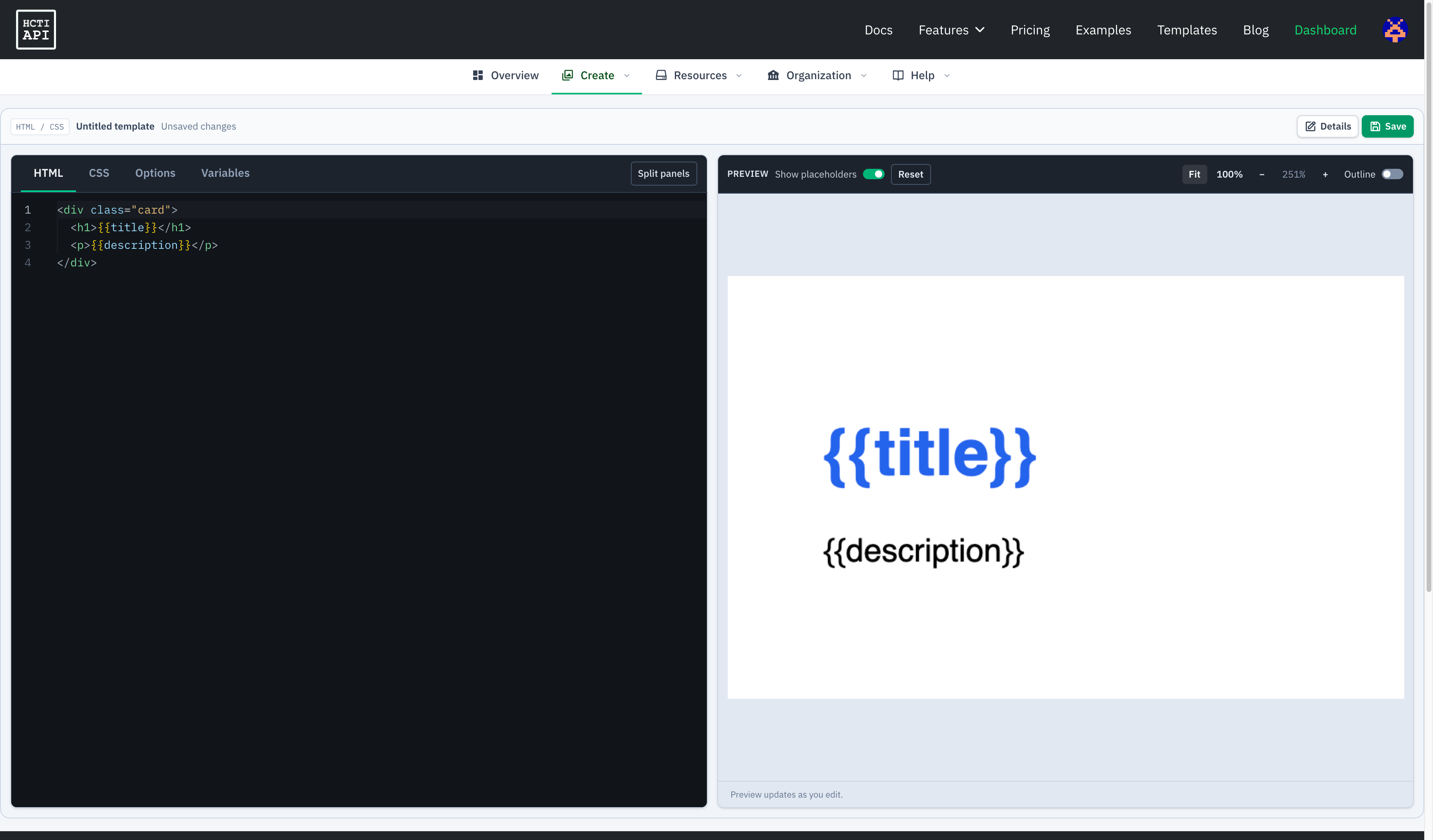 HTML editor and preview displaying literal title and description Handlebars placeholders