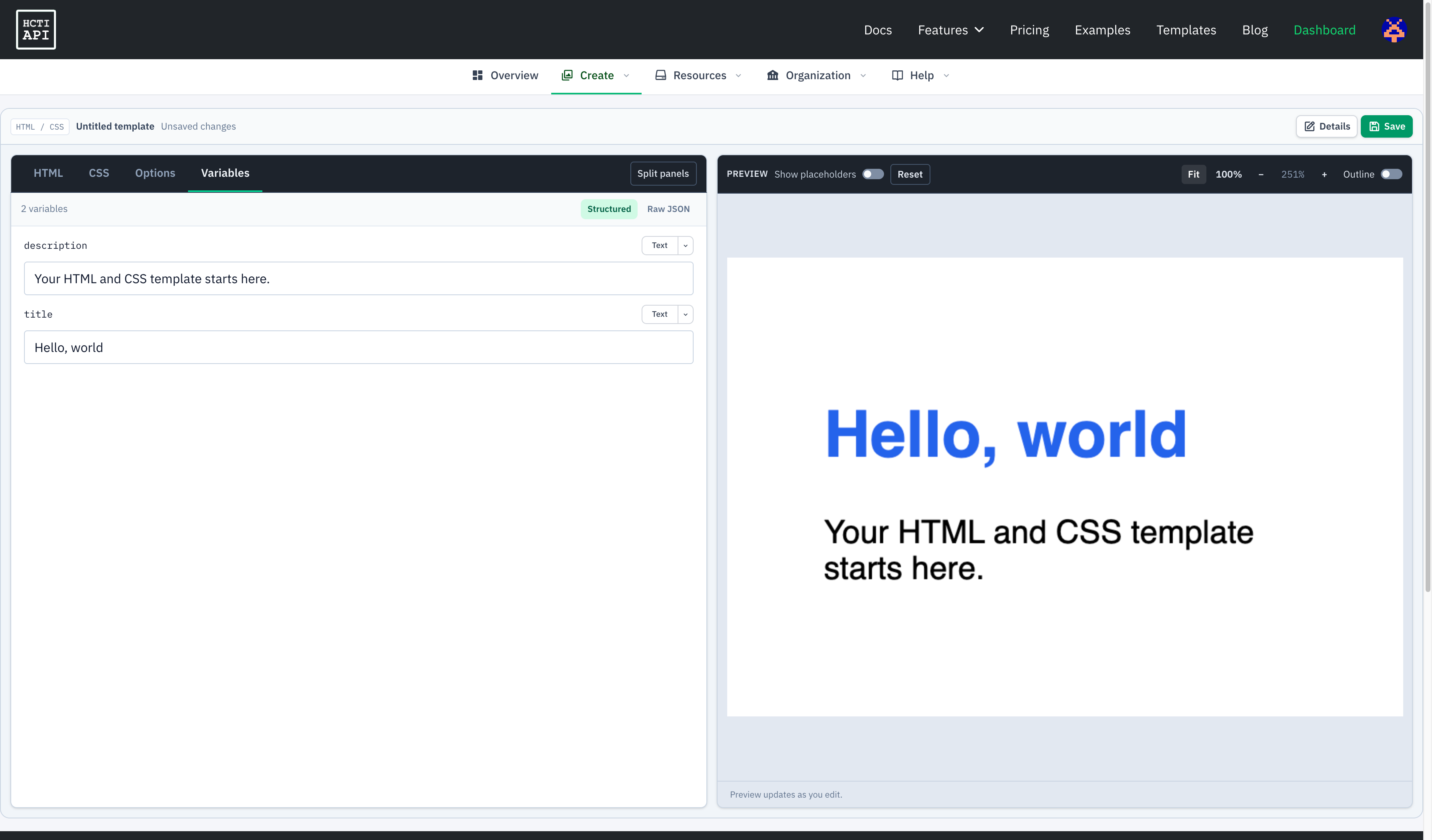 HTML/CSS template editor with test variables and a live preview