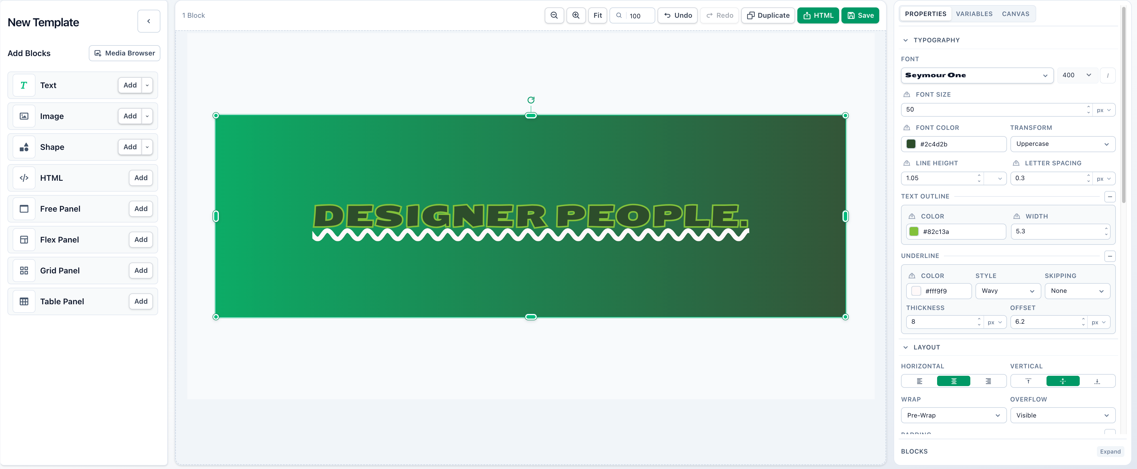 Rich Text block selected in the template editor with typography controls open